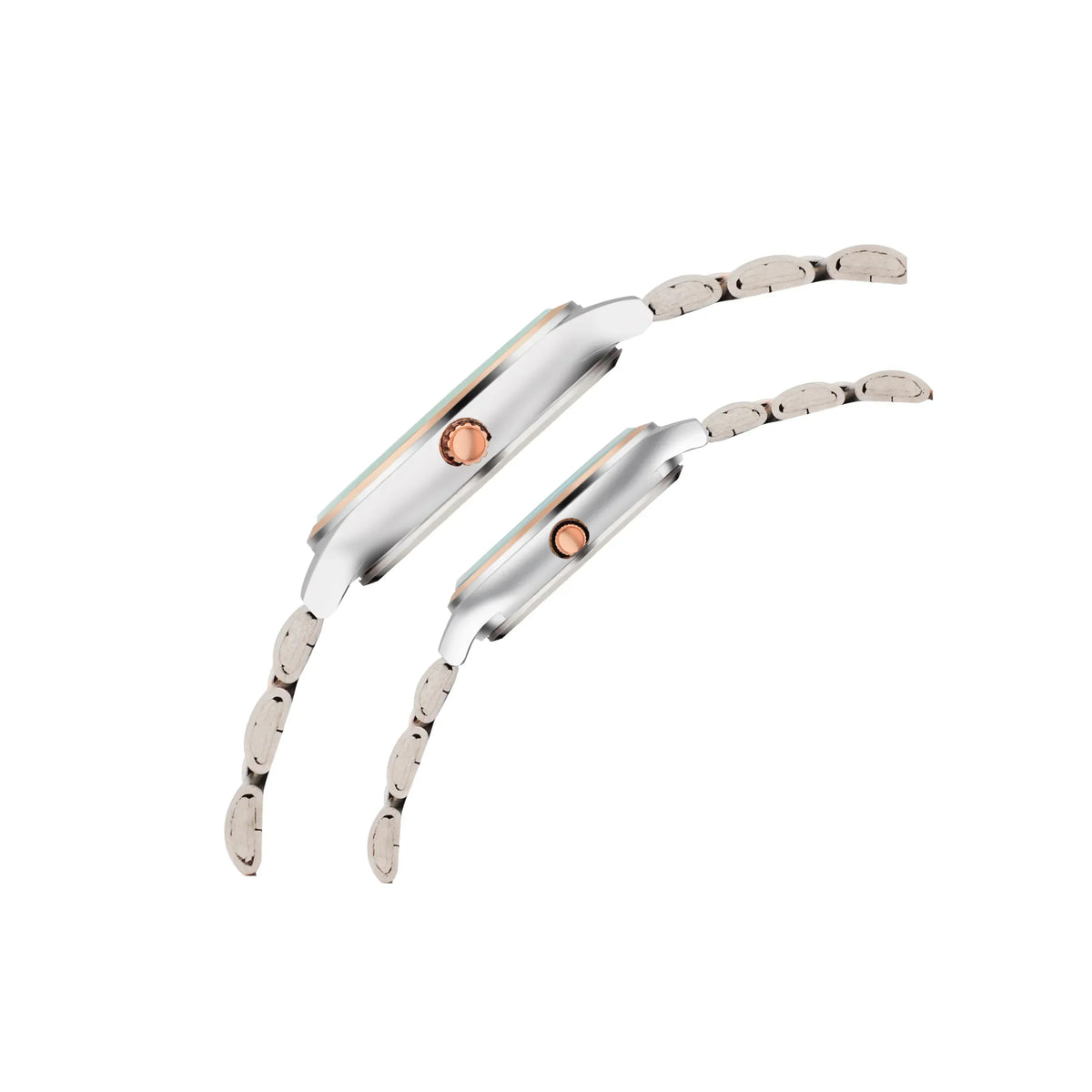 Side view of two silver analog wristwatches with metal bands and rose gold crown