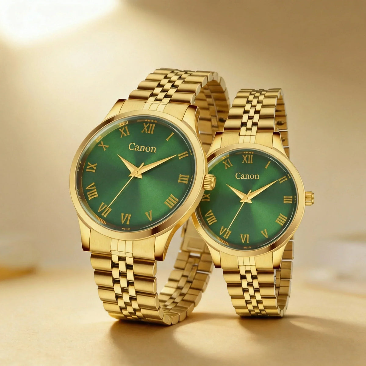 Luxury gold analog watches with green dials and Roman numerals, men's and women's set