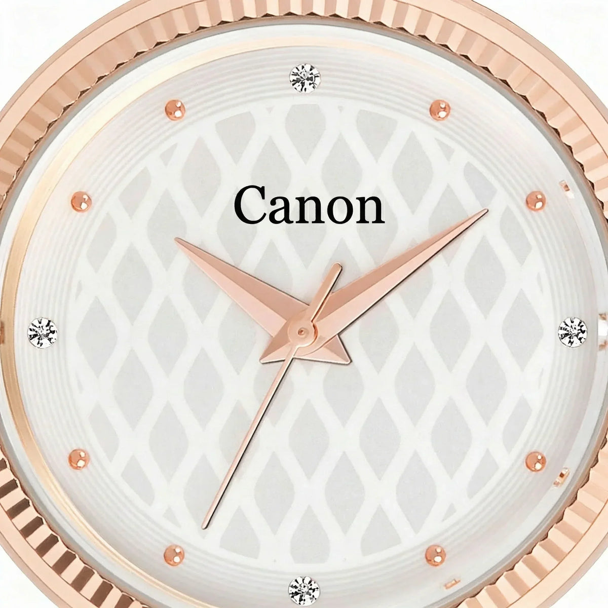 Elegant analog watch face with rose gold hands and diamond hour markers on white dial