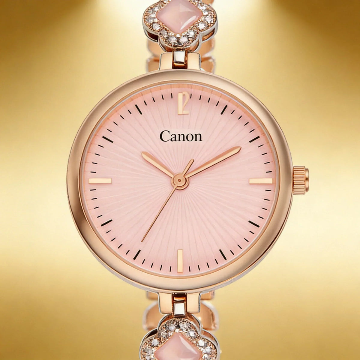 Elegant women's rose gold analog watch with pink dial and gemstone bracelet on gold background