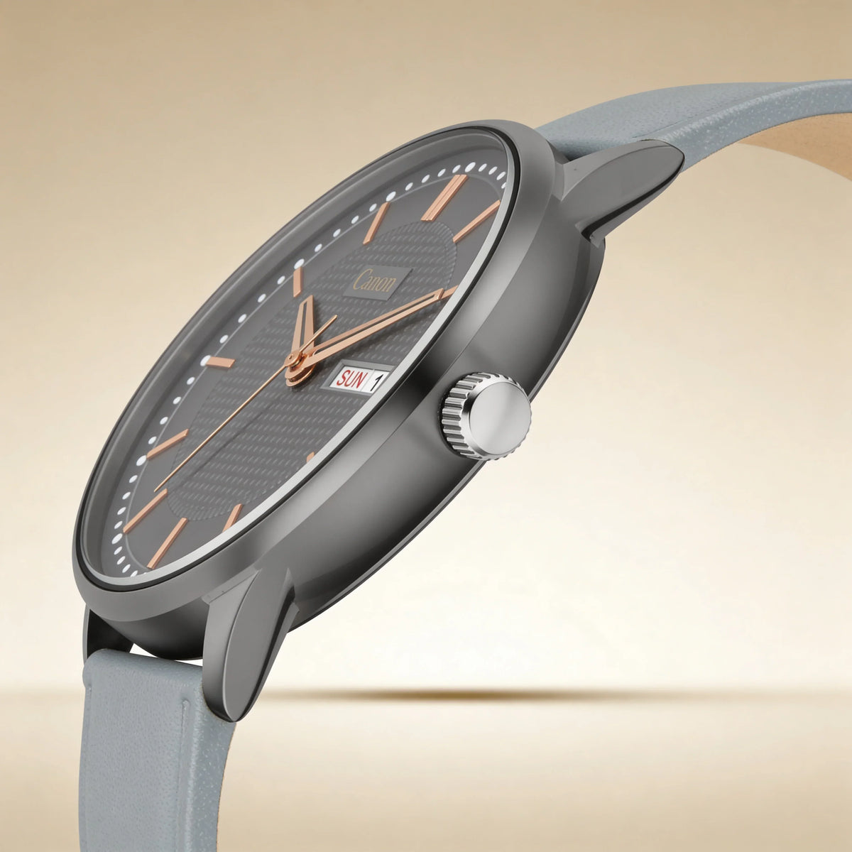 Analog wristwatch with black textured dial, rose gold markers, day-date display, and grey leather strap