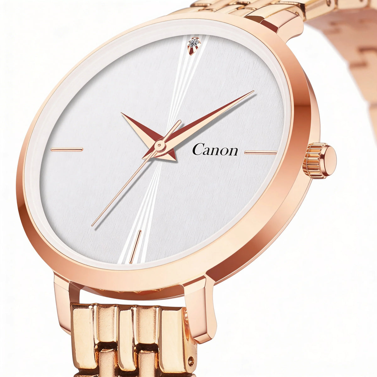 Elegant rose gold analog watch with white dial and metal band, classic minimalist design
