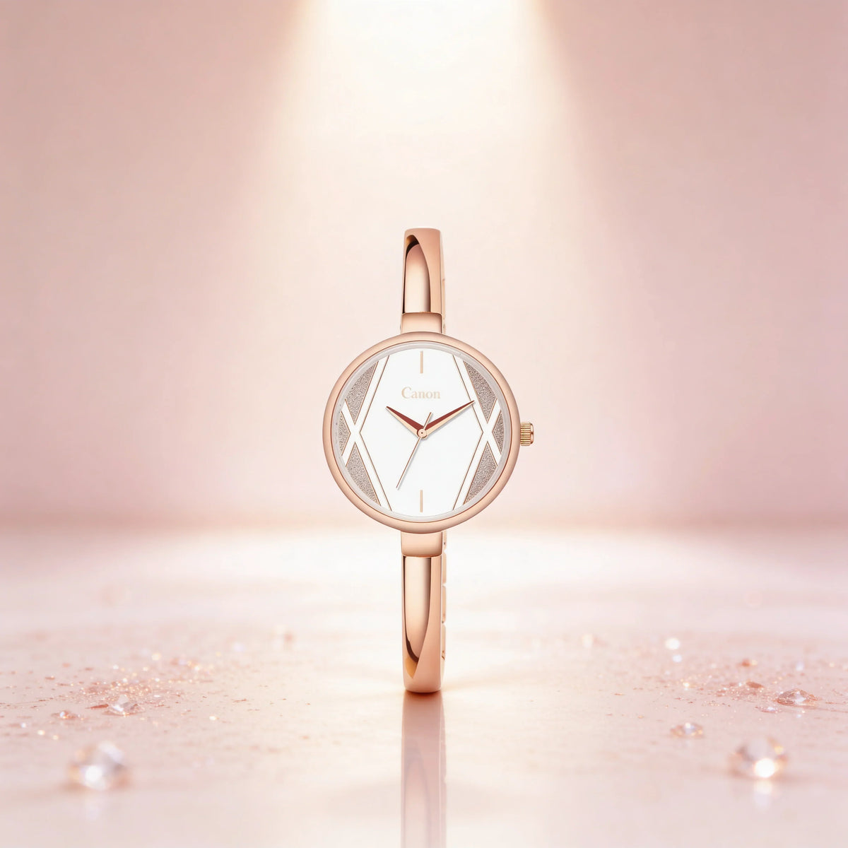 Elegant rose gold analog women's watch with white dial on a soft pink background