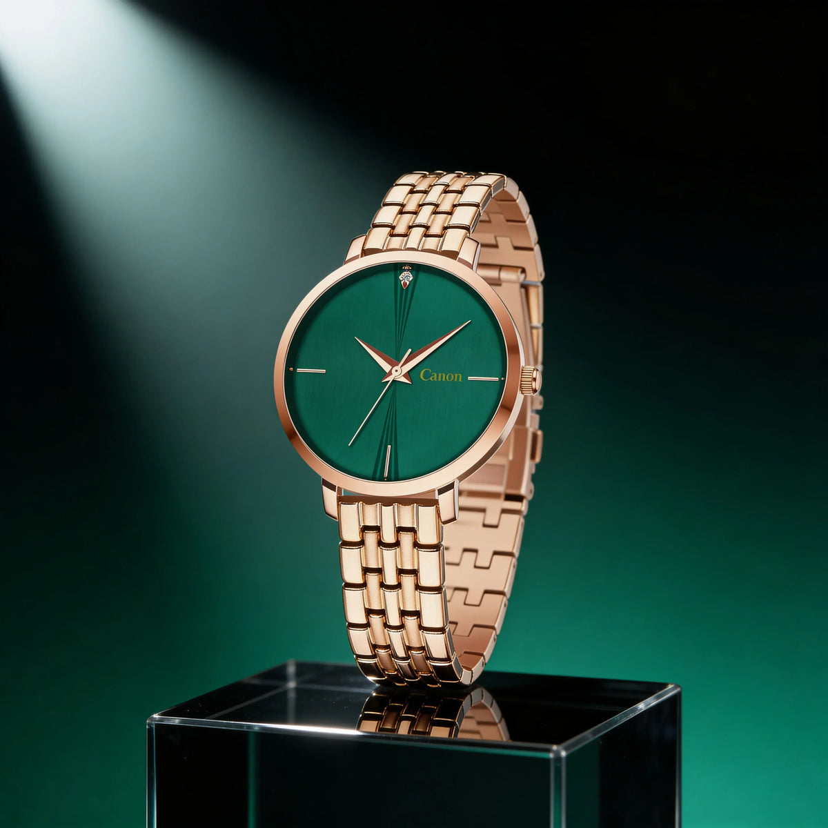Elegant rose gold watch with green dial, showcasing timeless style and premium craftsmanship.