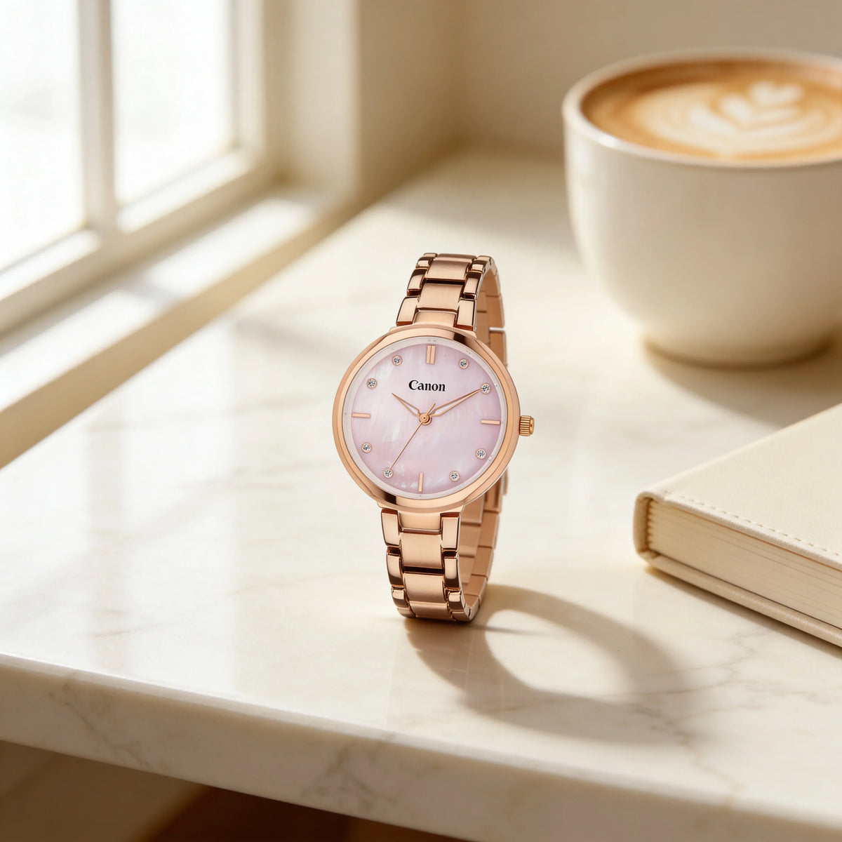 Elegant rose gold analog watch with pink mother-of-pearl dial and crystal markers, styled beside coffee and notebook