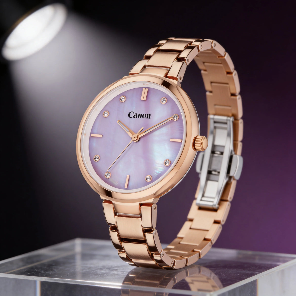 Elegant rose gold analog watch with purple mother-of-pearl dial, crystal markers, and metal bracelet for women