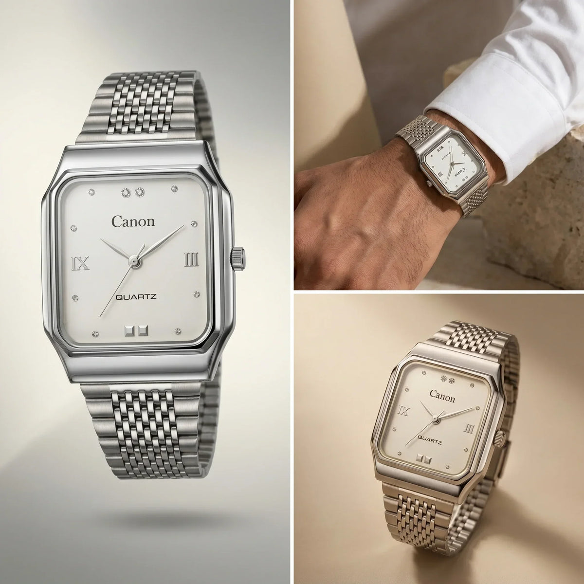 Elegant silver Canon Quartz watch with diamond markers, Roman numerals, and mesh band, shown on wrist and close-up