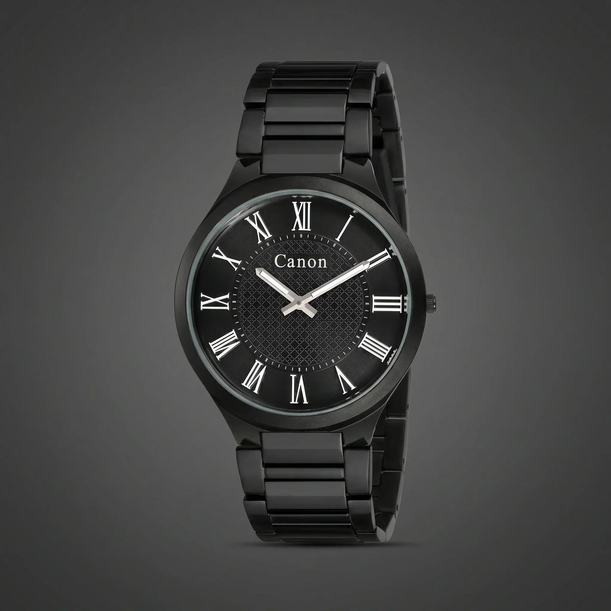 Black analog watch with Roman numerals, metal band, and Canon branding on dial