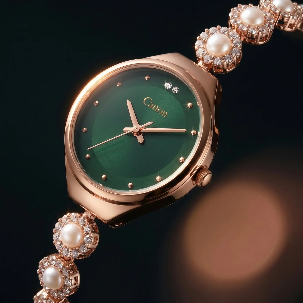 Elegant rose gold watch with green dial, pearl & crystal bracelet, analog quartz design for women