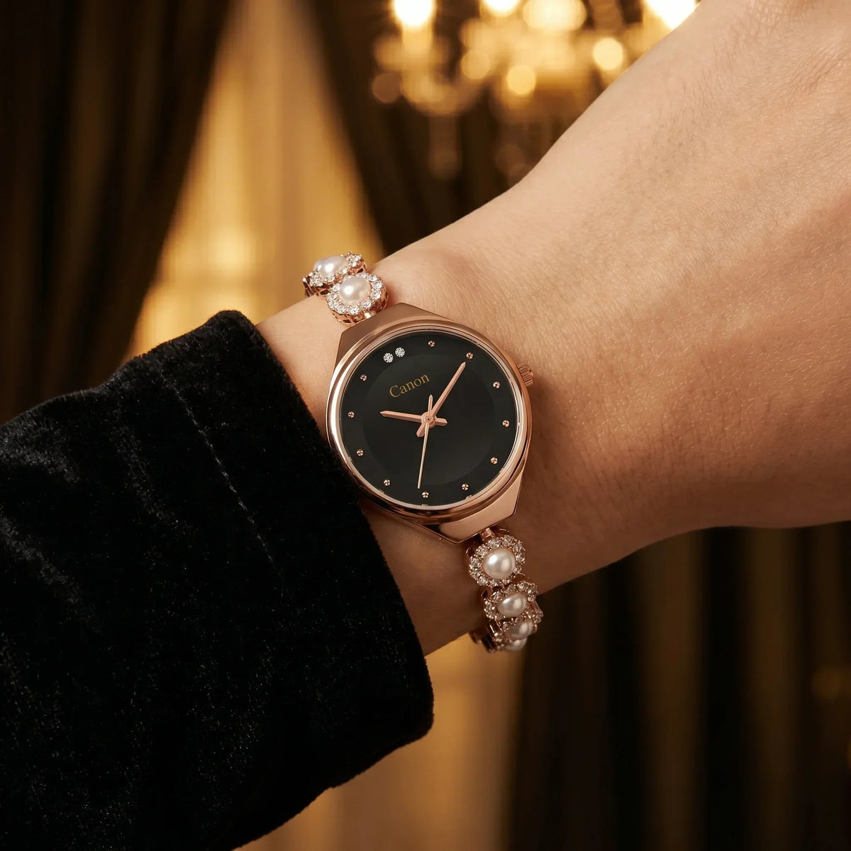 Elegant rose gold watch with pearl bracelet, black dial, and diamond accents on wrist