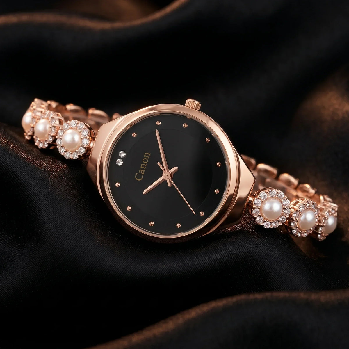 Elegant rose gold watch with pearl and crystal bracelet, black dial, analog quartz movement