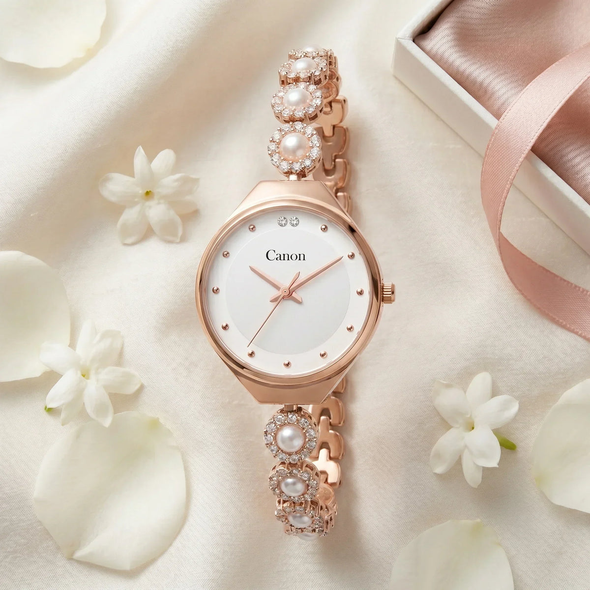 Elegant rose gold women's analog watch with pearl and crystal accents, white dial, and floral gift box setting