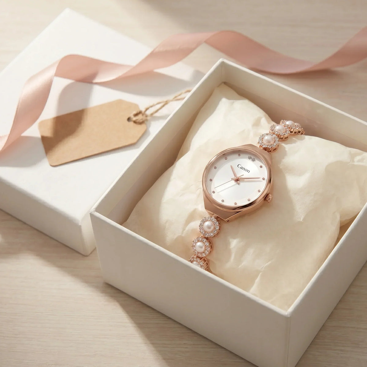 Elegant rose gold watch with pearl and crystal bracelet, nestled in gift box with ribbon