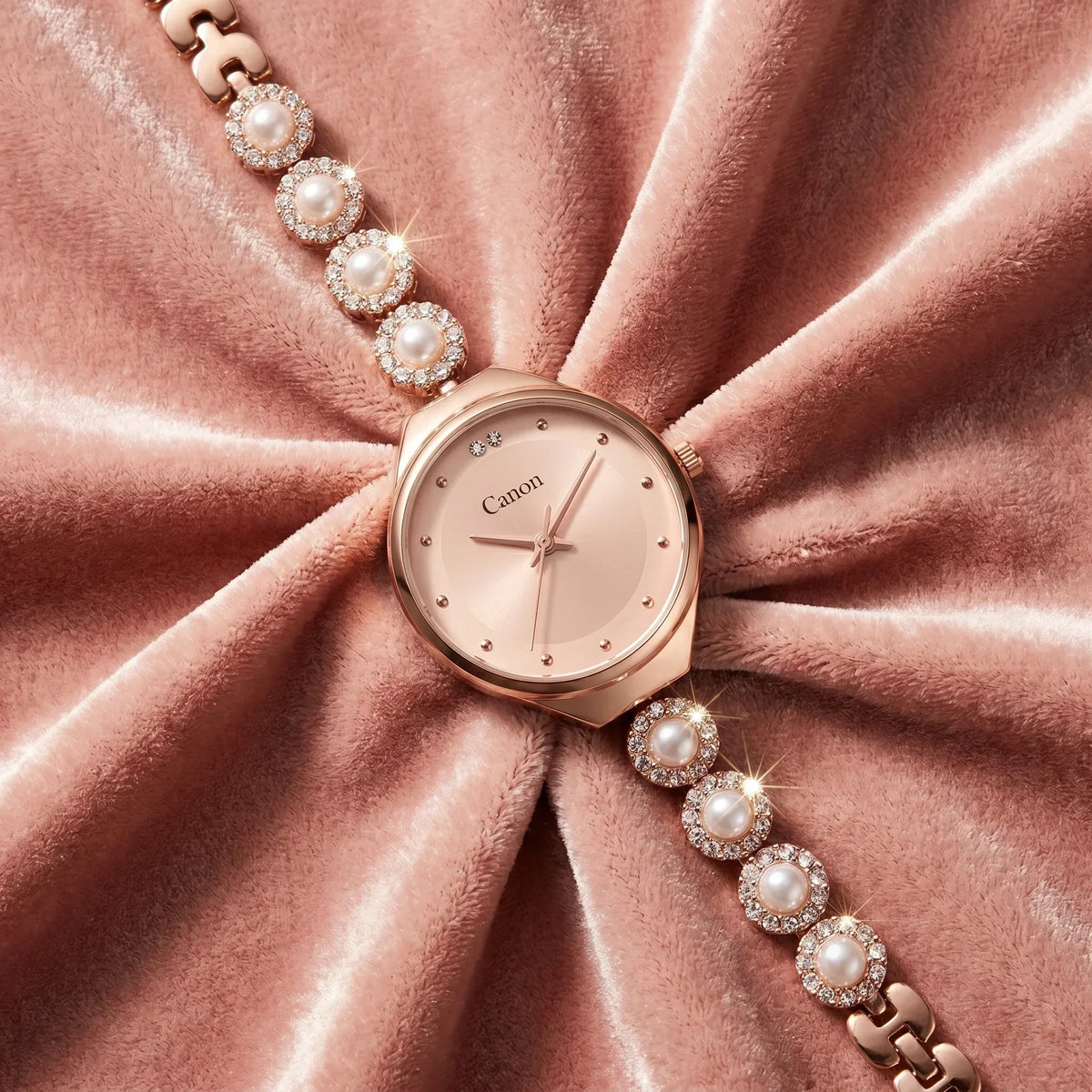 Elegant rose gold analog watch with pearl and crystal accents on velvet, perfect for women's luxury style.