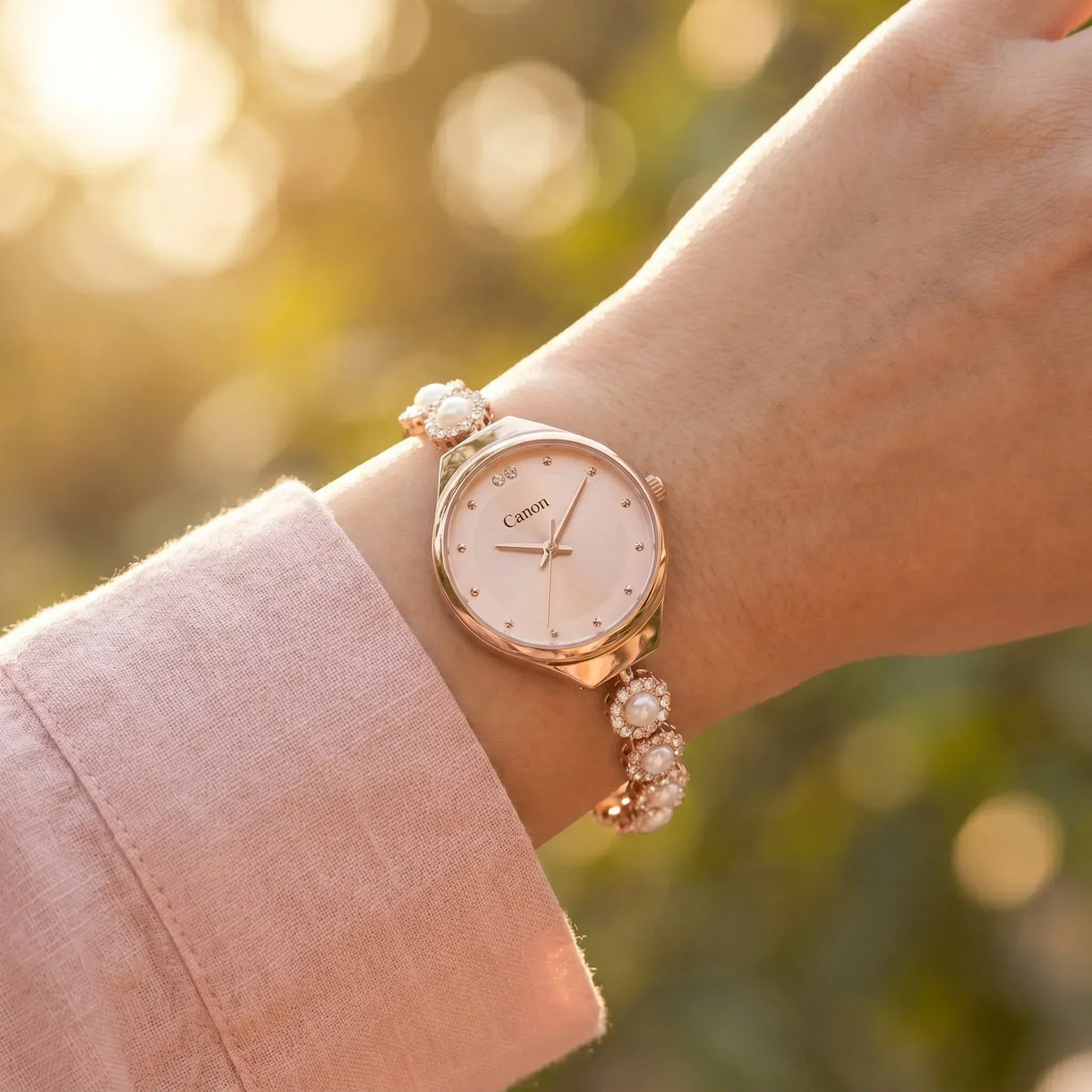 Elegant rose gold analog watch with pearl and crystal bracelet, perfect for women's fashion