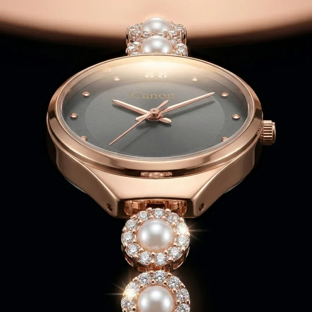 Elegant rose gold analog watch with pearl and crystal accents, green dial, and Japanese Miyota movement