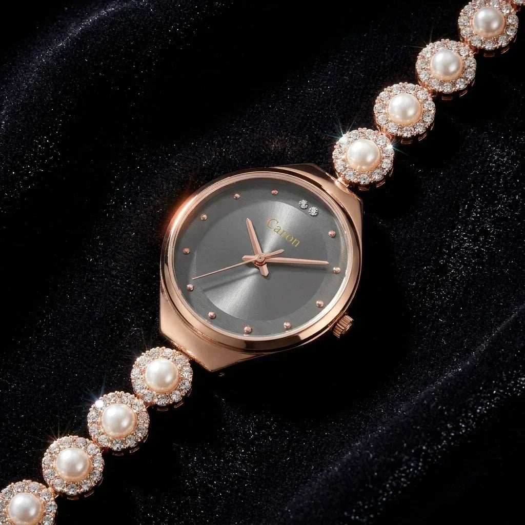 Elegant rose gold watch with pearl and crystal bracelet, gray dial, analog quartz movement