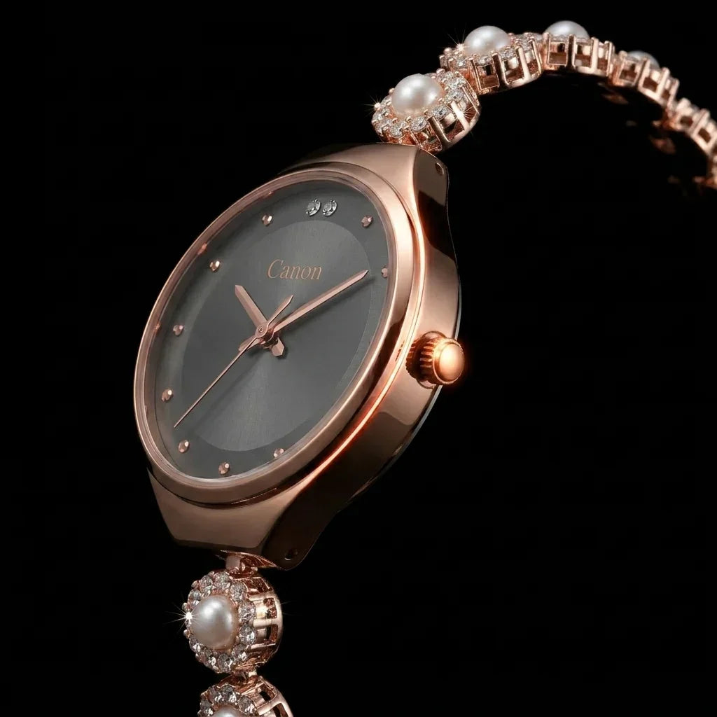 Elegant rose gold analog watch with pearl and crystal bracelet, dark dial, Japanese quartz movement