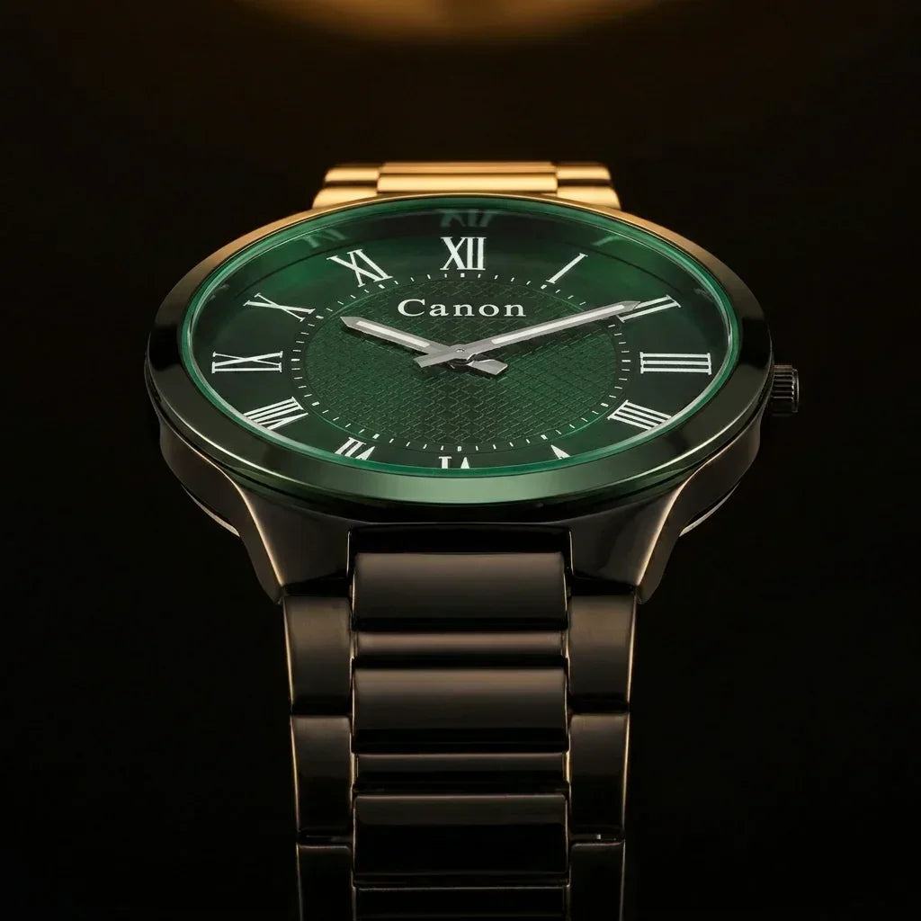 Elegant green dial analog watch with Roman numerals and black metal strap