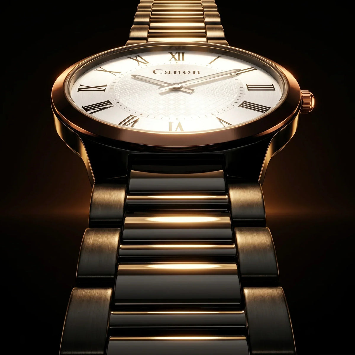 Elegant Canon analog watch with gold-tone case, white dial, Roman numerals, and metal bracelet on dark background