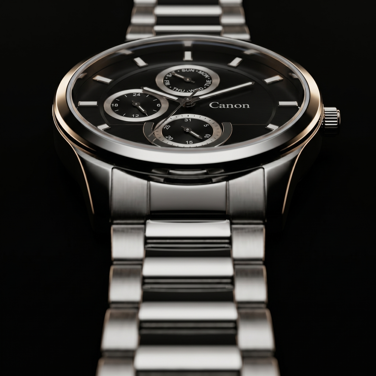 Canon men's analog quartz watch with black dial, day-date subdials, and stainless steel strap