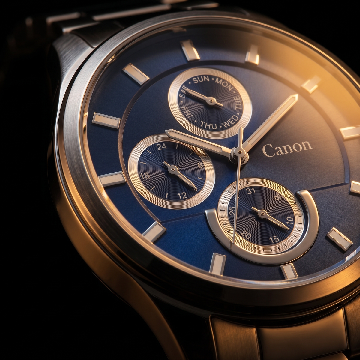 Canon men's analog quartz watch with blue dial, day-date subdials, and stainless steel strap