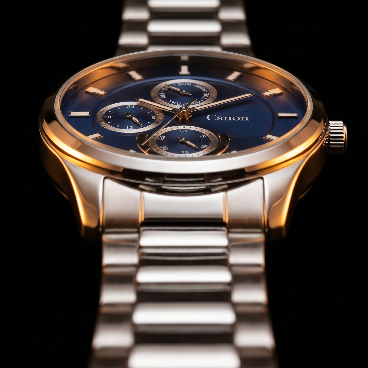 Canon men's analog quartz watch with blue dial, day-date subdials, and stainless steel strap