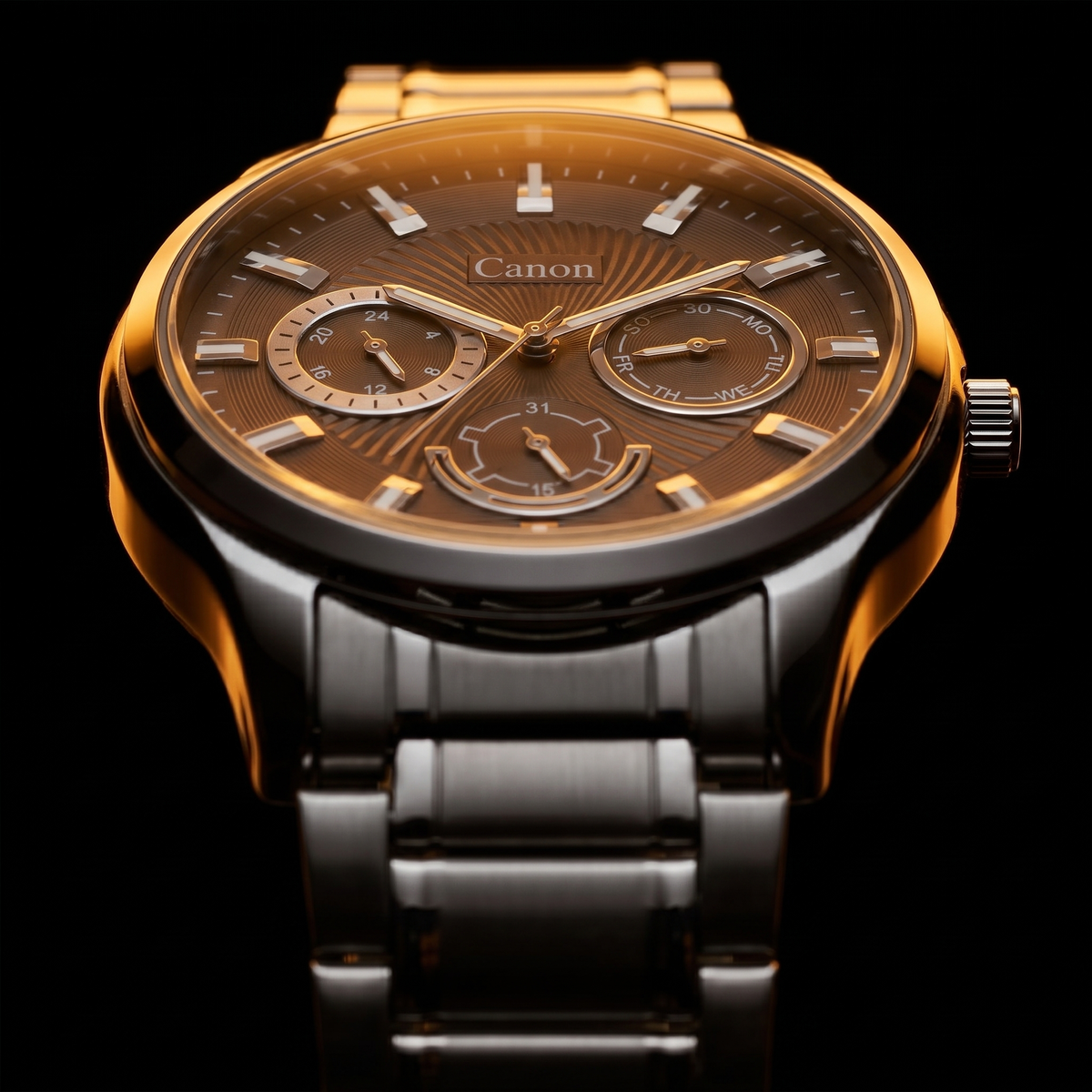Canon men's analog quartz watch with gold-tone case, brown dial, day-date subdials, and metal bracelet