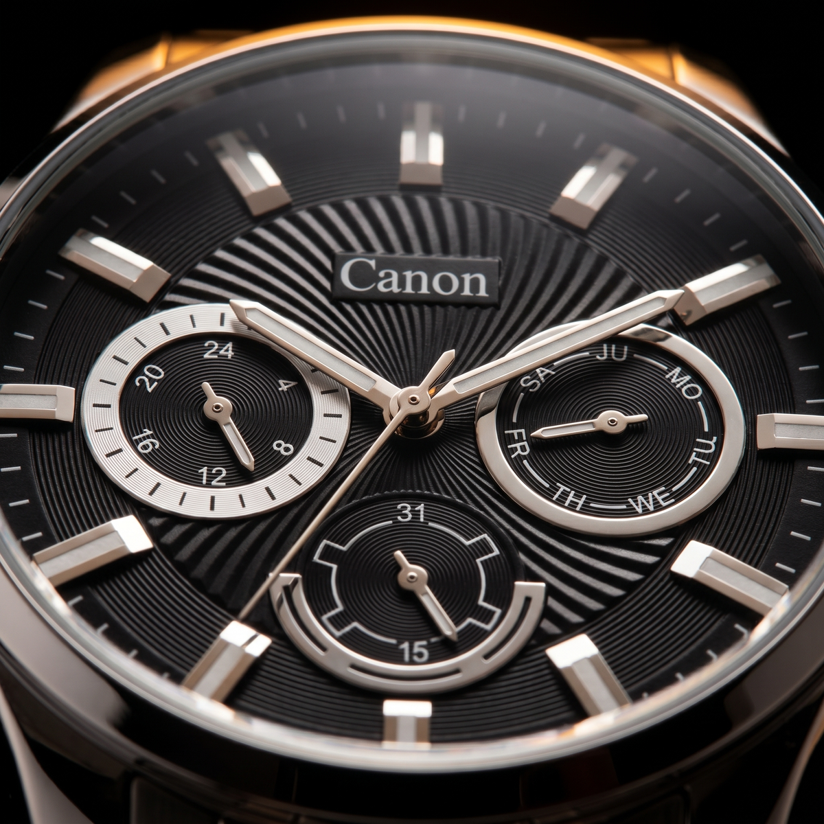 Canon men's analog quartz watch with black dial, day-date subdials, and silver-tone markers