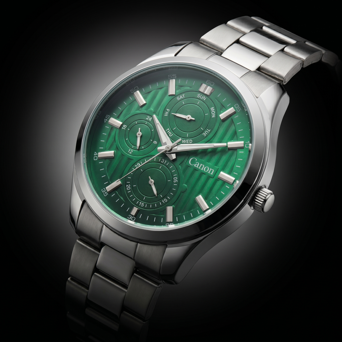 Green dial analog quartz watch with day-date subdials, stainless steel strap, and silver case