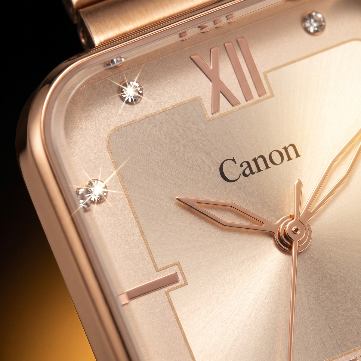 Elegant rose gold analog watch with Roman numerals, diamond accents, and Canon branding on dial