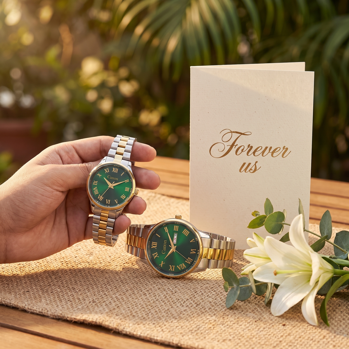 Maha Vastu Couple Watch Set – Dual Tone Gold & Green Roman Dial | Canon Quartz CN-523