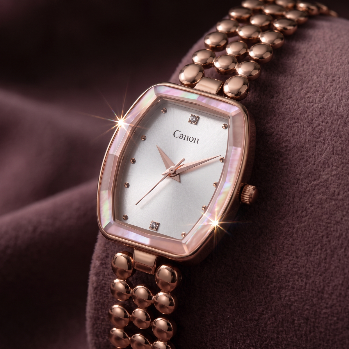 CN-524 rose gold tonneau watch at a three-quarter angle showing faceted bezel shimmer