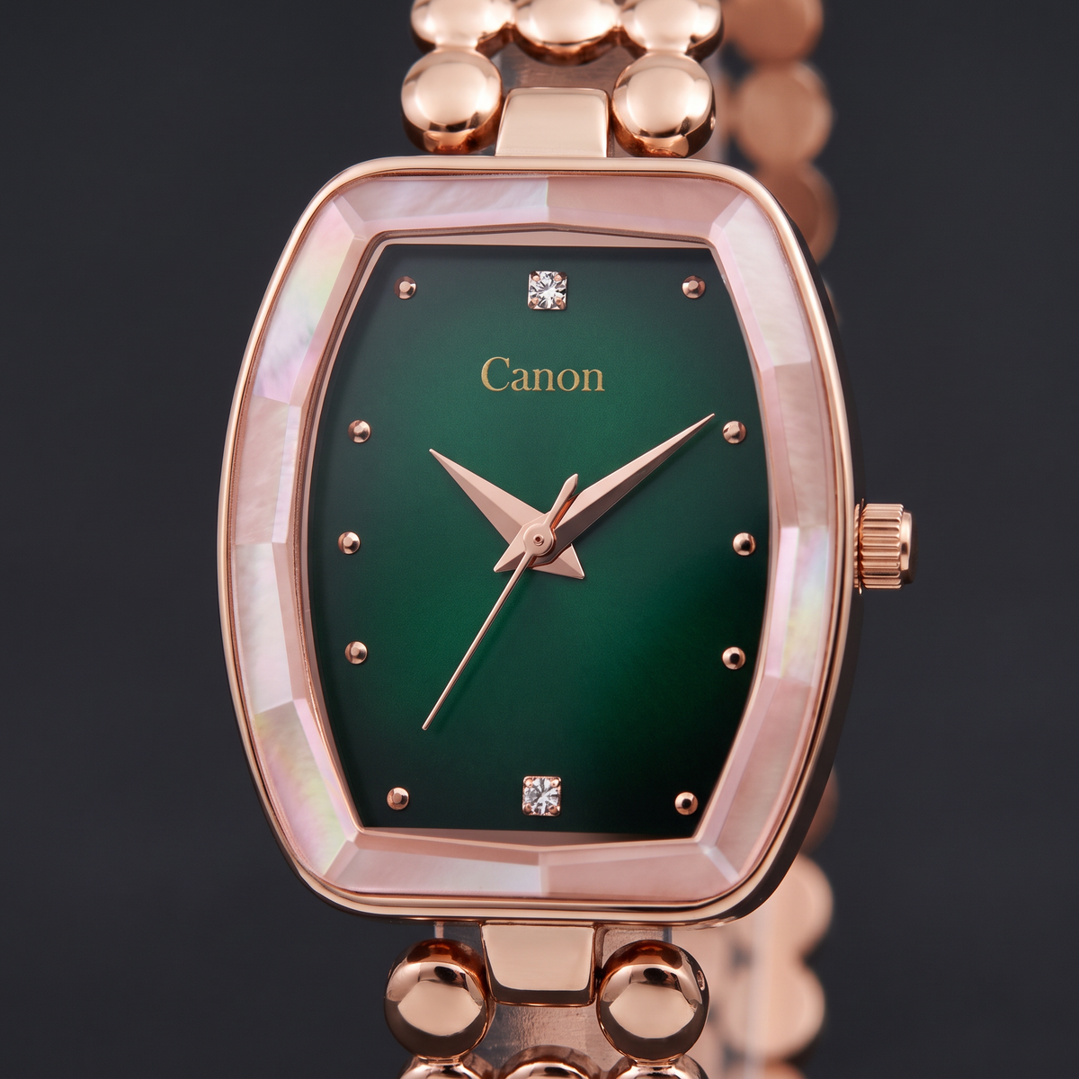 Macro close-up of CN-525 emerald green dial with crystal accents and pearlescent faceted bezel