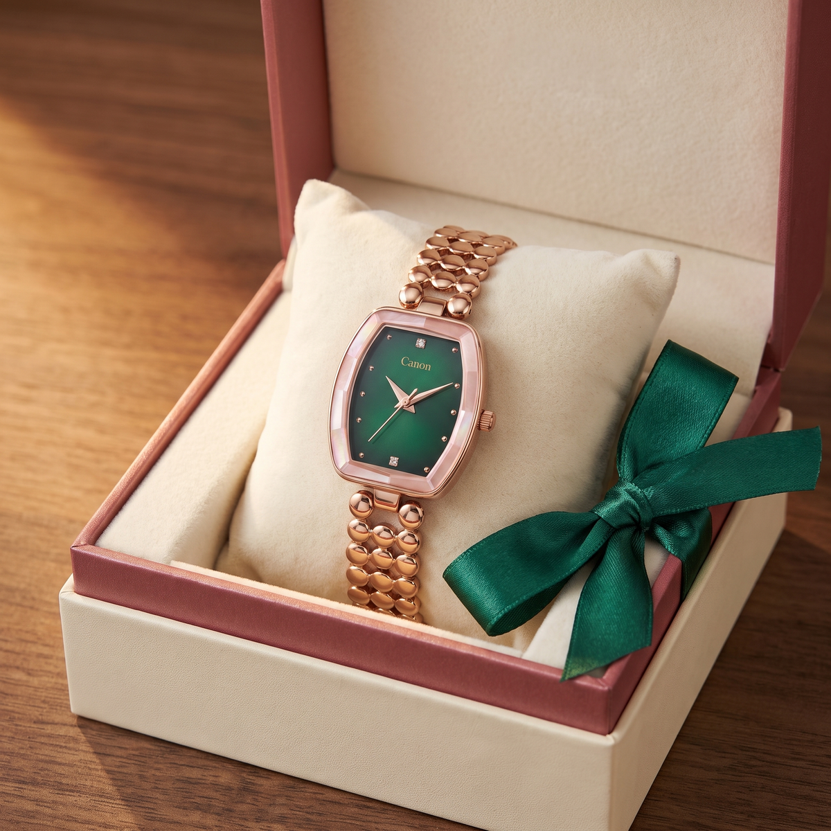 CN-525 emerald green watch in an ivory gift box with green ribbon