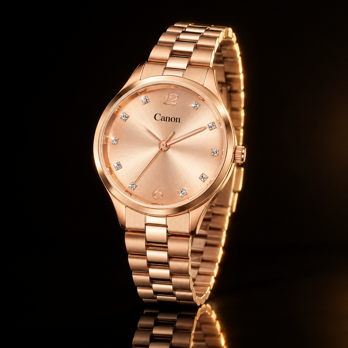 CN-531 rose gold watch at a three-quarter angle on black