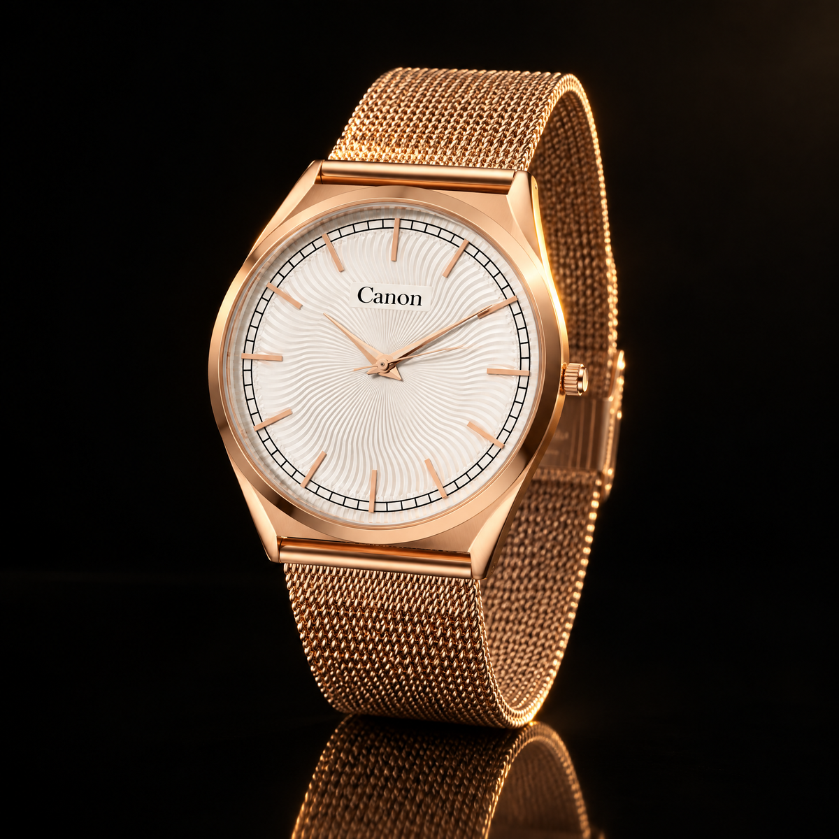 CN-527 slim rose gold watch at a three-quarter angle on black