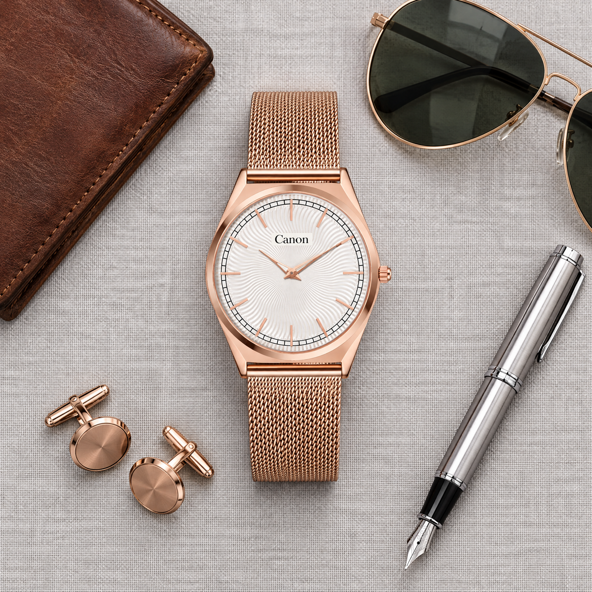 CN-527 flat-lay with leather wallet, sunglasses, pen and cufflinks