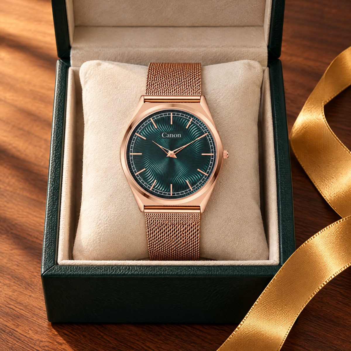 CN-529 in a green leather watch box with gold ribbon