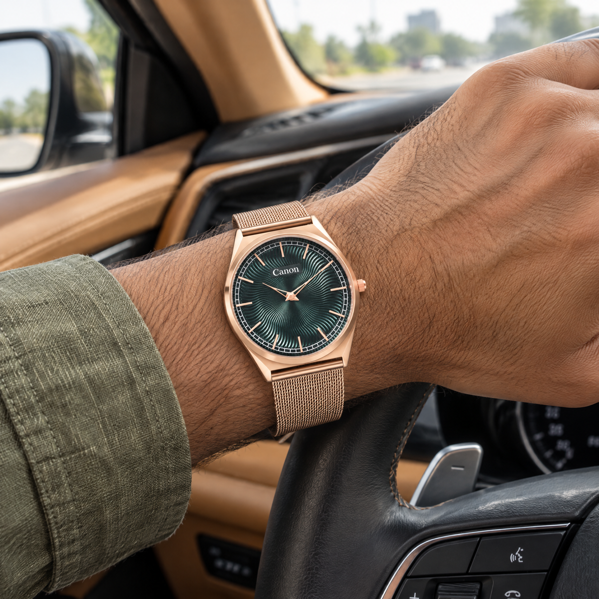 Man wearing CN-529 with hand on a car steering wheel
