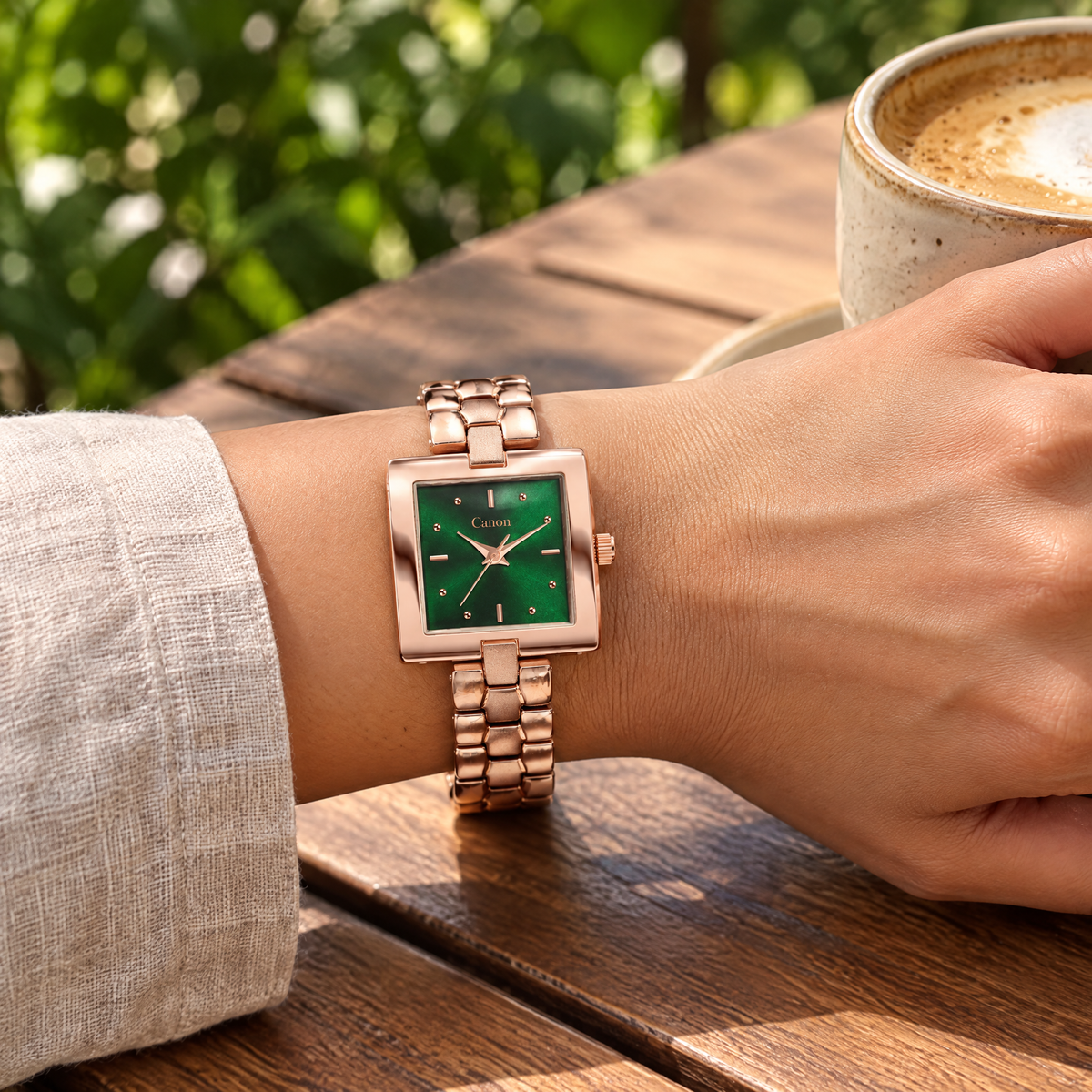 Woman wearing CN-537 at a sunlit cafe table