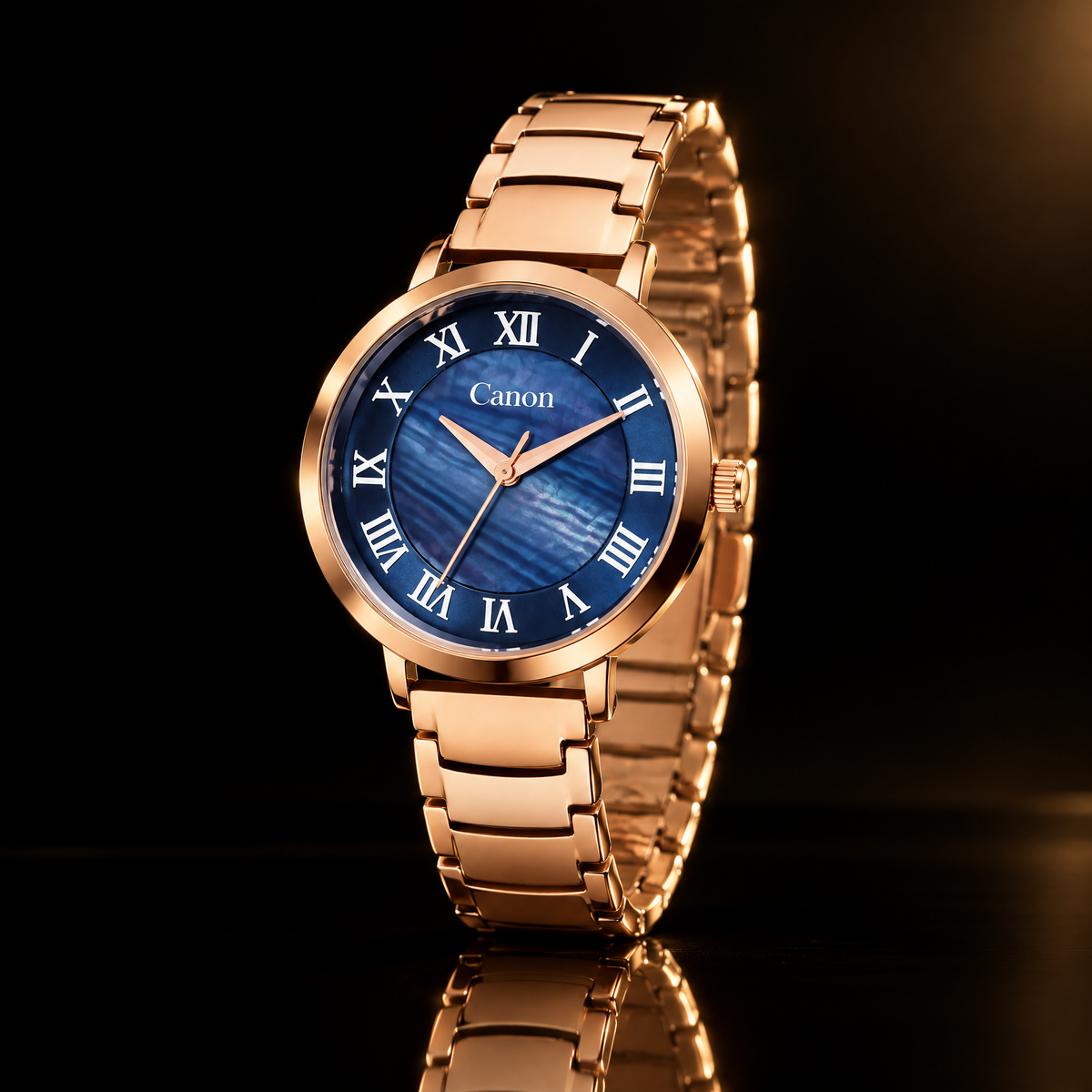 CN-540 blue mother of pearl watch at a three-quarter angle on black