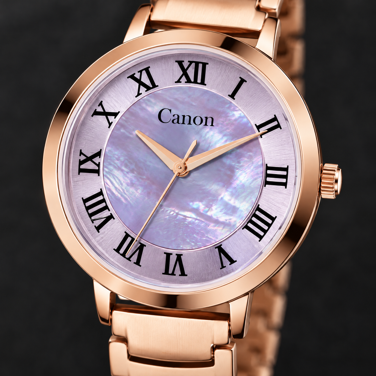 Macro close-up of CN-543 lavender mother of pearl dial with Roman numerals