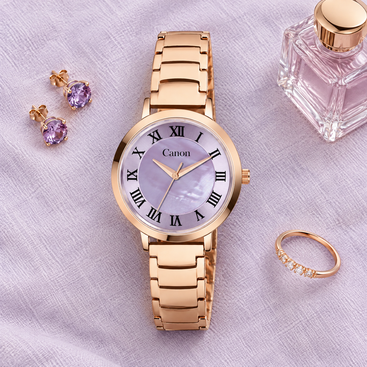 CN-543 flat-lay with amethyst earrings and perfume