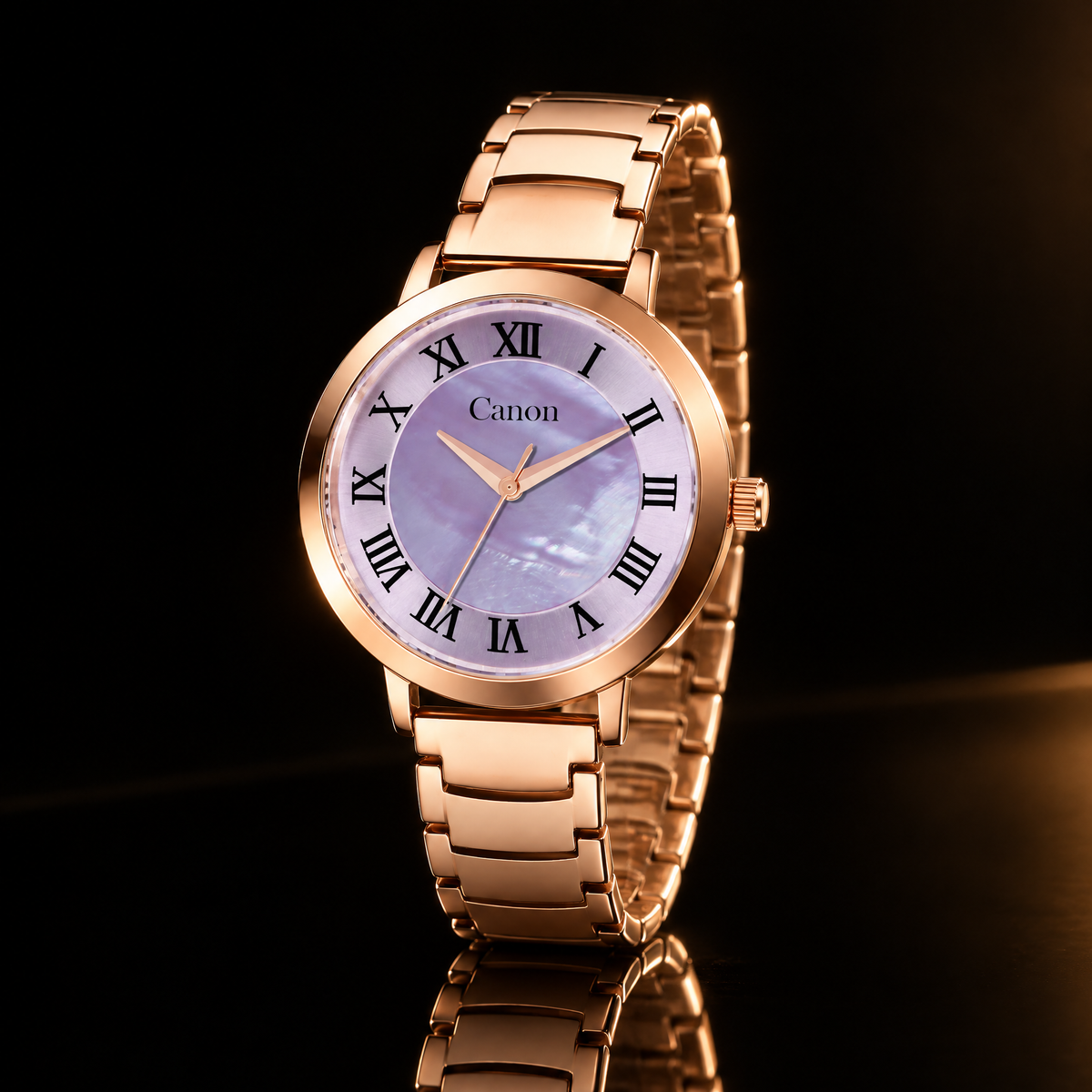 CN-543 lavender mother of pearl watch at a three-quarter angle on black