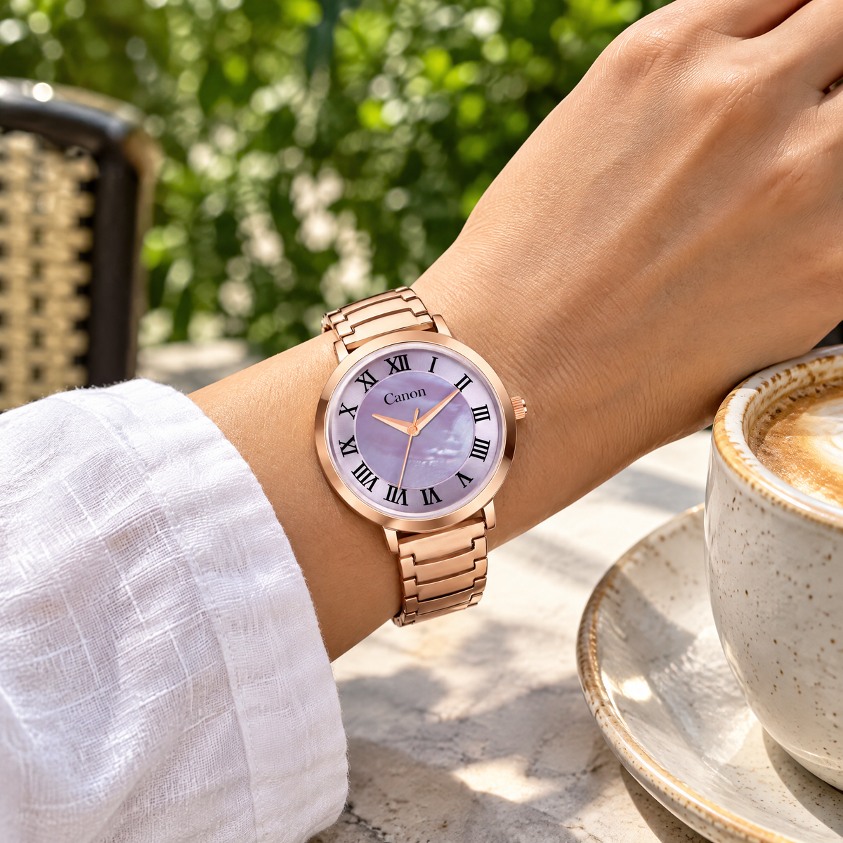 Woman wearing CN-543 at a cafe table