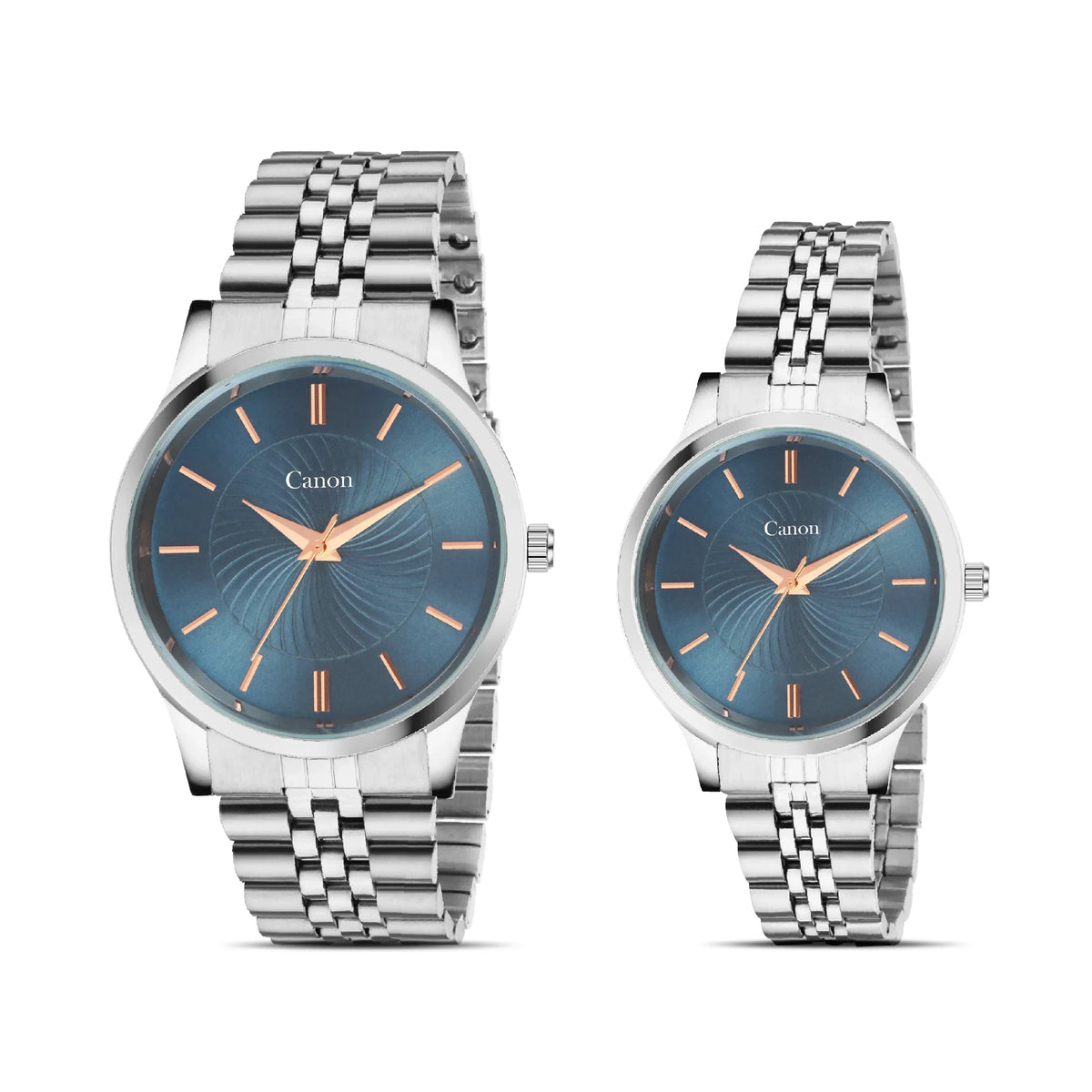 Pair of silver analog watches with blue faces and metal link bands