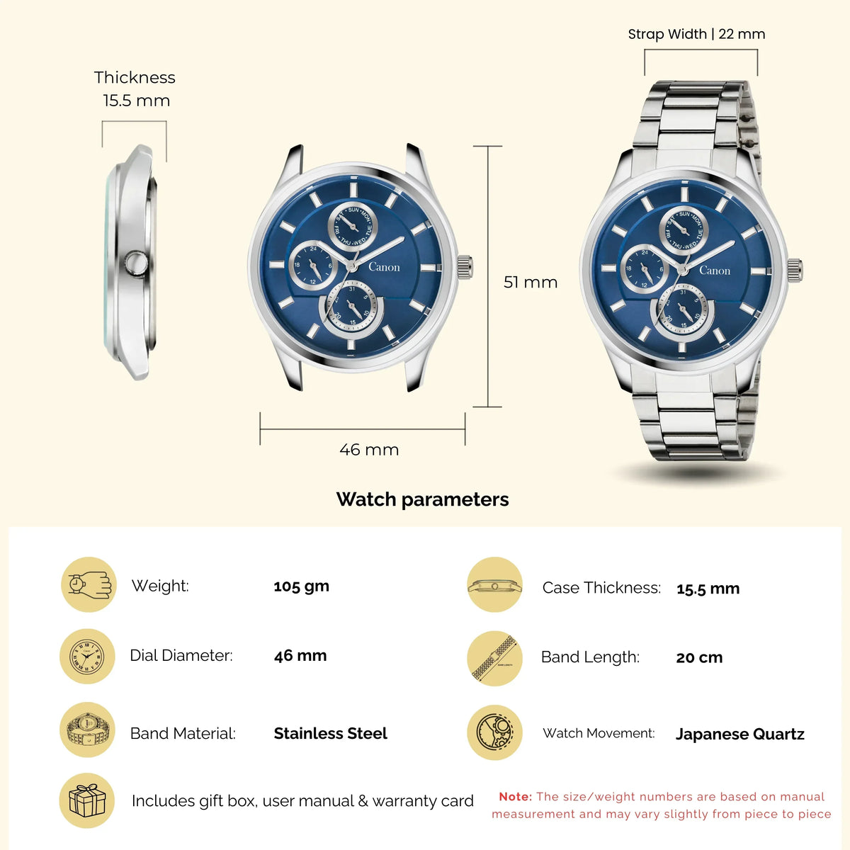 Stainless steel analog watch with blue dial, multi-dial face, 46mm case, 22mm strap width