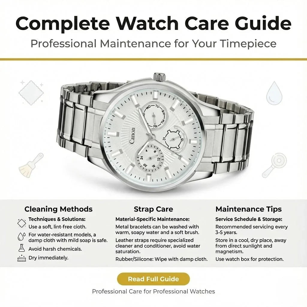 Silver analog wristwatch with multiple dials displayed above a watch care guide infographic.