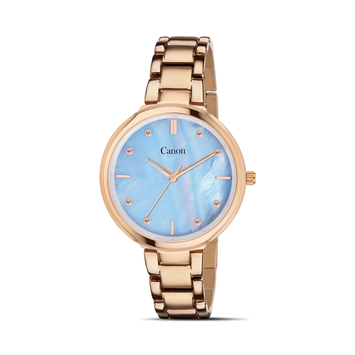 Rose gold analog watch with a blue mother-of-pearl dial and crystal hour markers
